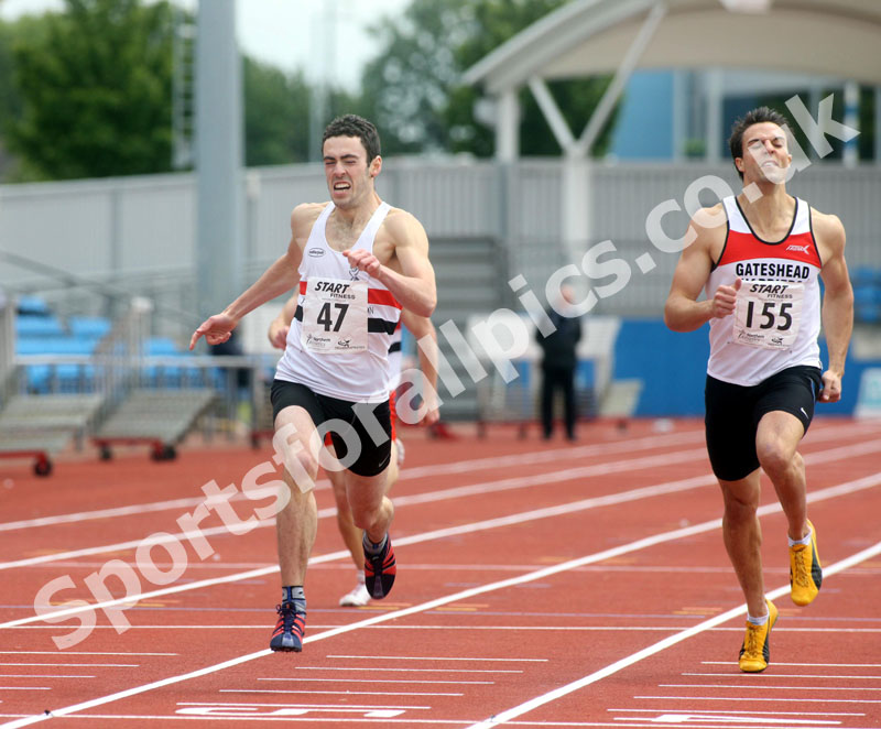 47 Harry Doran (Liverpool Pembroke & Sefton AC) beats David Riley (Gateshead Harriers) in the 400 metres, Northern Championships, Sport City, Manchester
